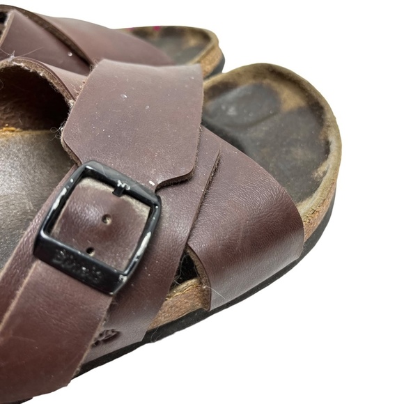 BIRKENSTOCK BIRKI'S Brown Genuine Leather Criss Cross Slides Sandals Shoes sz 6 - Picture 4 of 16